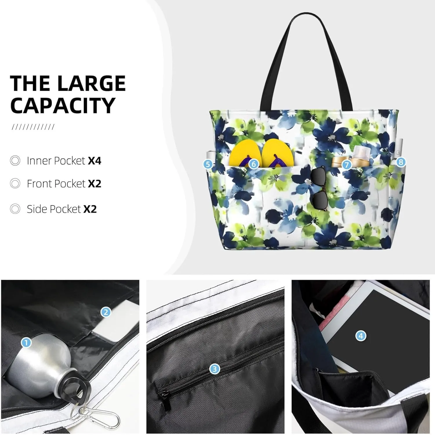 Large Beach Bag for Women Waterproof Foldable Travel Shoulder Tote Bag with Pocket for Weekender Pool Vacation