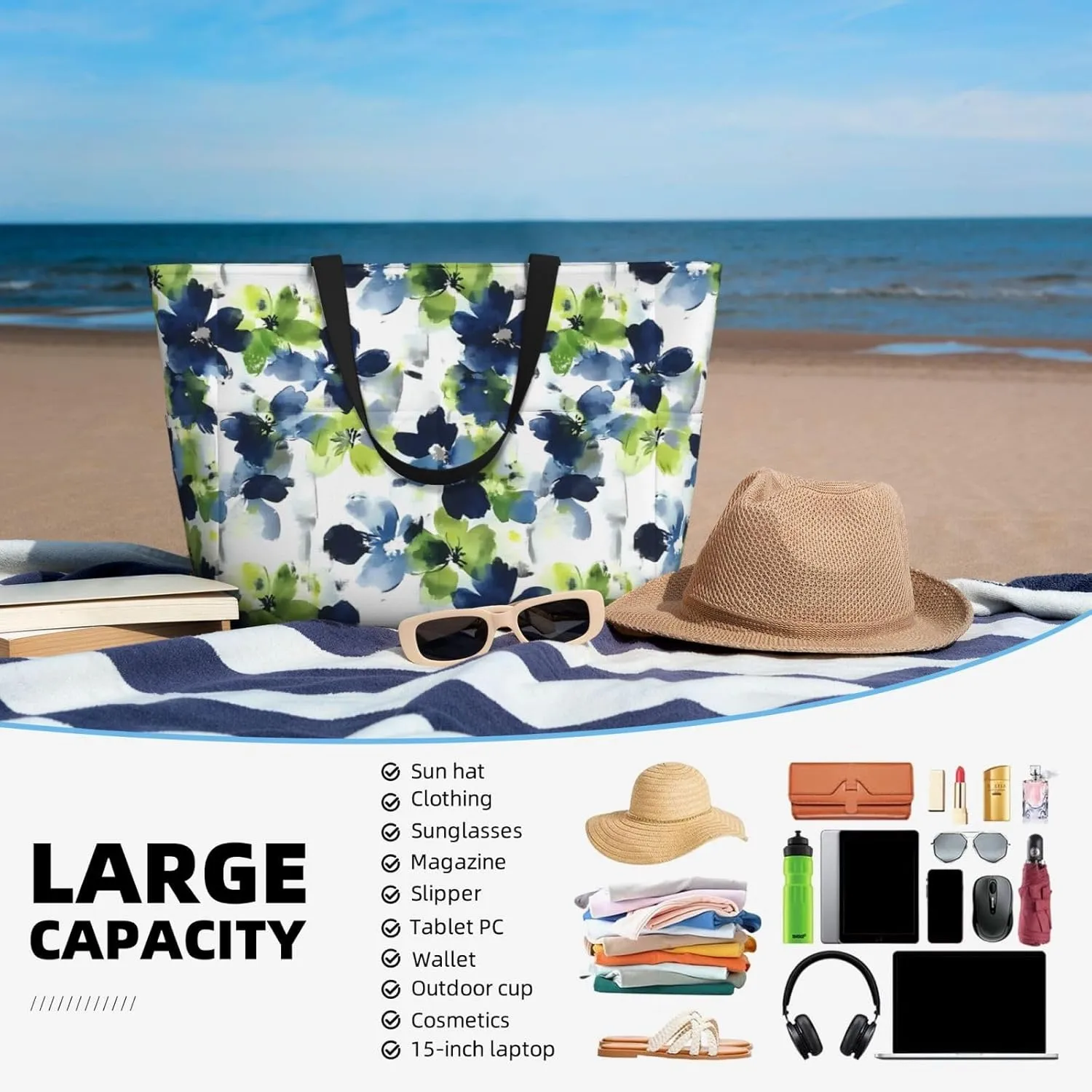 Large Beach Bag for Women Waterproof Foldable Travel Shoulder Tote Bag with Pocket for Weekender Pool Vacation