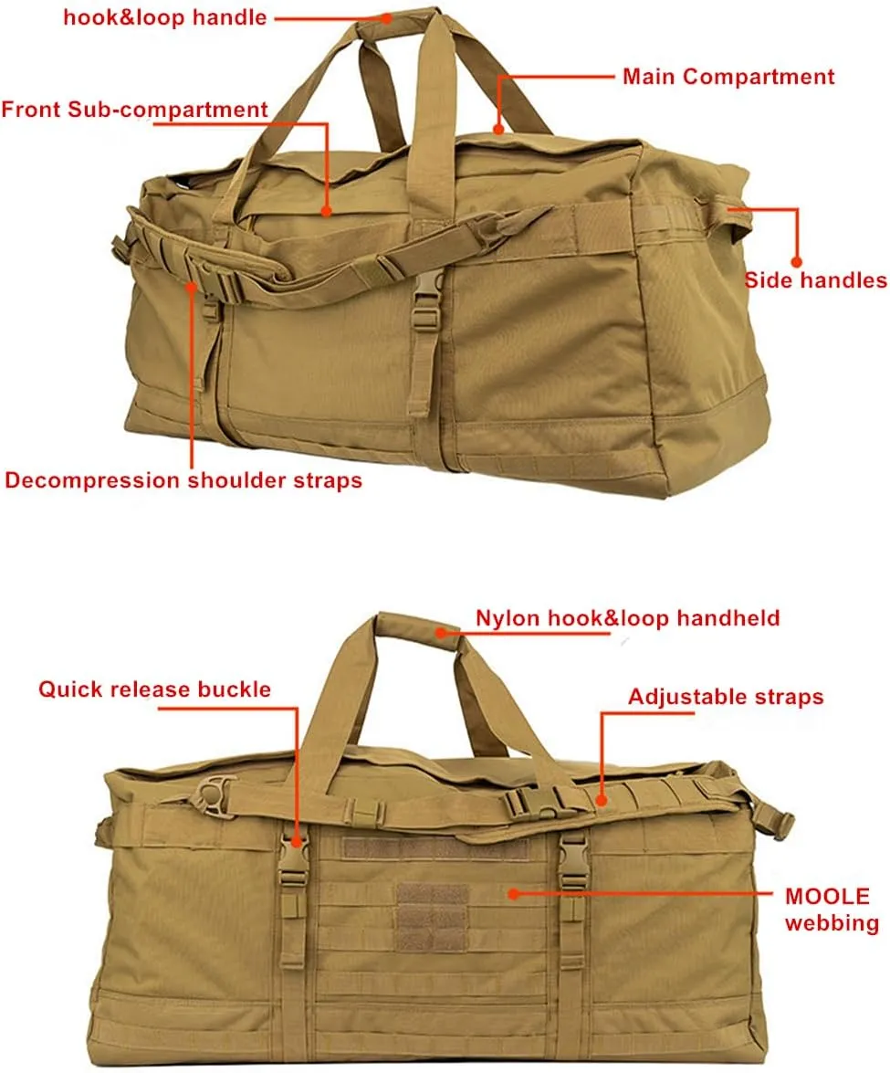 Large Capacity Mountaineering Camping Shoulder Travel Bag 106L Outdoor Portable Backpack Military Fans Tactical Satchel Bag (Coyote Tan)