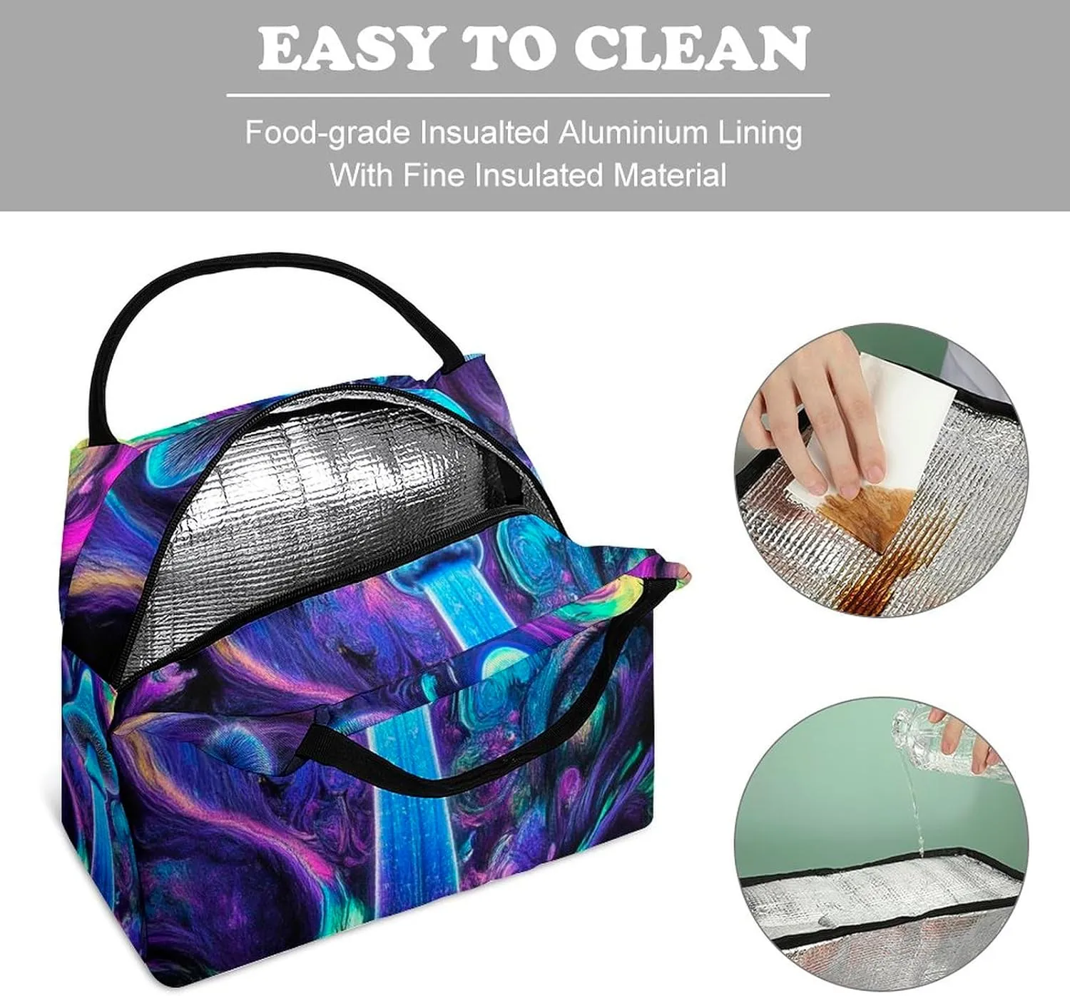 Large Insulated Lunch Tote Bag for Men Women, Portable Thermal Lunch Tote Trippy Mushrooms Purple Art Leakproof Waterproof Lunchbox
