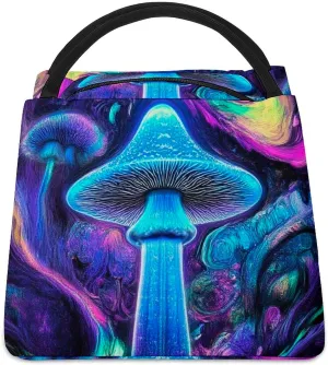 Large Insulated Lunch Tote Bag for Men Women, Portable Thermal Lunch Tote Trippy Mushrooms Purple Art Leakproof Waterproof Lunchbox