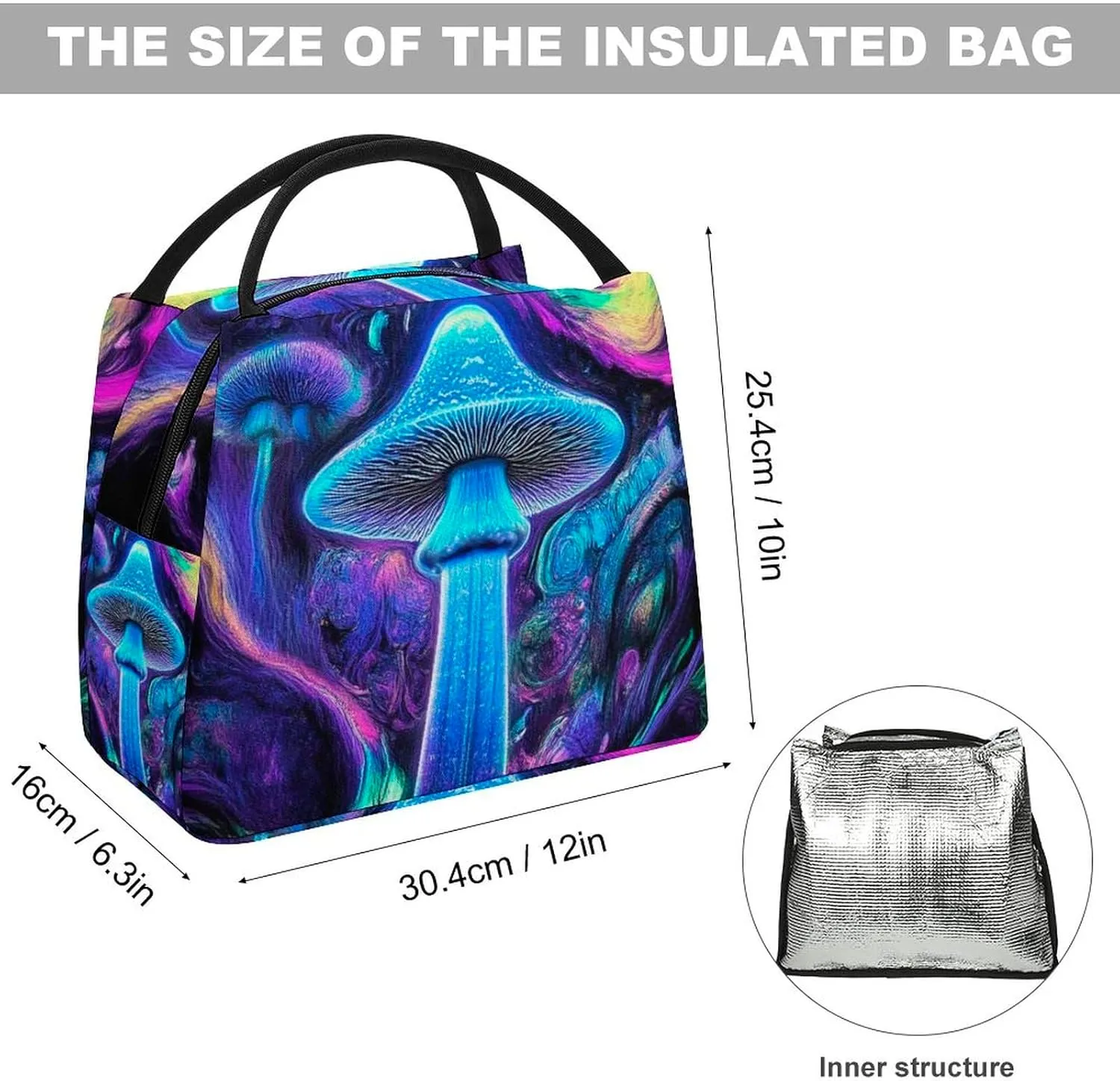 Large Insulated Lunch Tote Bag for Men Women, Portable Thermal Lunch Tote Trippy Mushrooms Purple Art Leakproof Waterproof Lunchbox