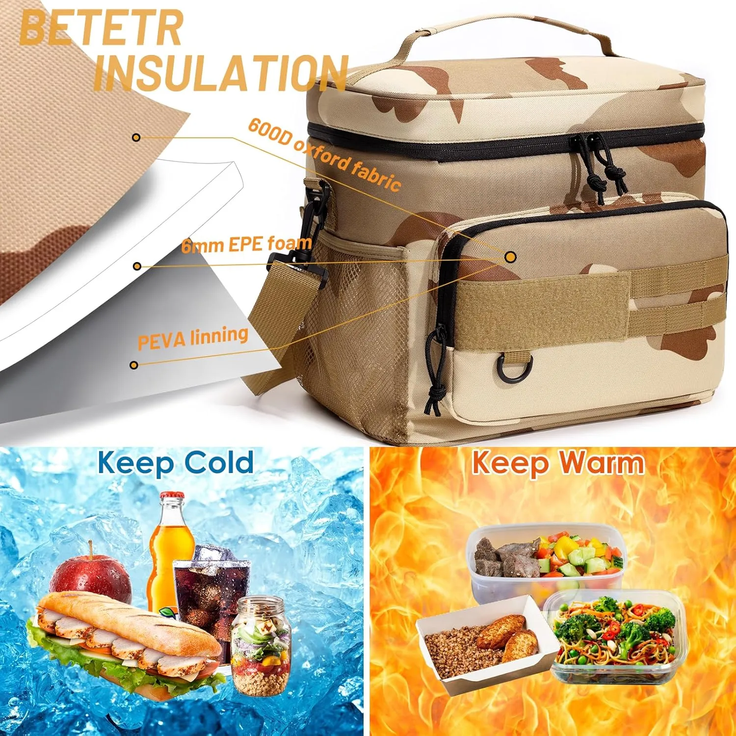 Large Lunch Bag Insulated Lunch Box,Freezable Lunch Cooler Bag for Adult Men Women- 16L Insulated Lunch Bag Leakproof Mens Lunchbox for Work Office Picnic (Khaki Camo)