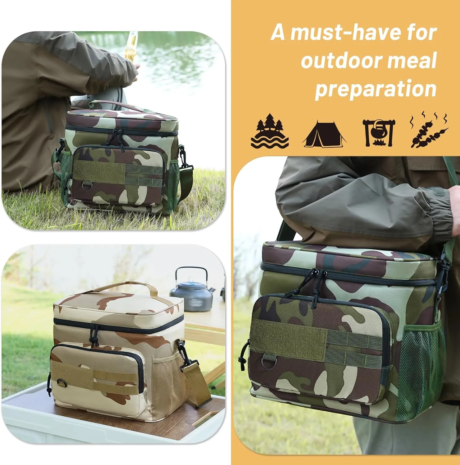 Large Lunch Bag Insulated Lunch Box,Freezable Lunch Cooler Bag for Adult Men Women- 16L Insulated Lunch Bag Leakproof Mens Lunchbox for Work Office Picnic (Khaki Camo)
