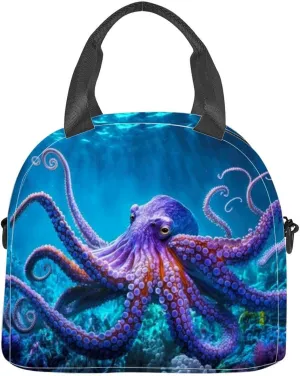 large octopus sea beaful blue purple coloration and thick tentacles Insulated Adult Lunch Bag with Shoulder Strap for Women Lightweight Reusable Portable Freezable Lunch Tote Bag for Work Picnic