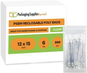 Large Plastic Resealable Zipper Bags, Clear, 6 Mil, 12 x 15 Inch, 250 Count