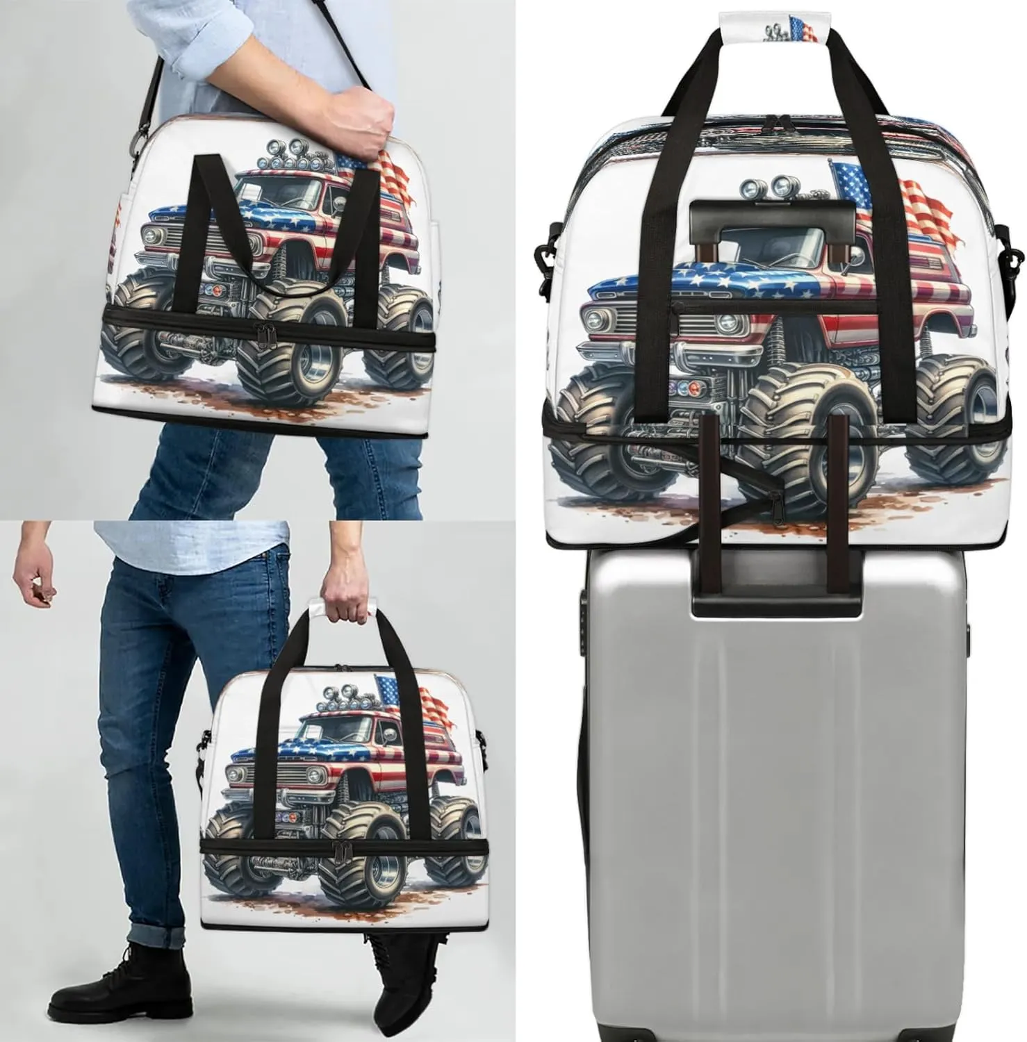 Large Travel Duffel Bag for Women Men American Flag Monster Truck Gym Bag Weekender Overnight Bags With Shoe Compartment Foldie Travel Tote Bag Carry On Personal Item Bag for Travel Gym Sports