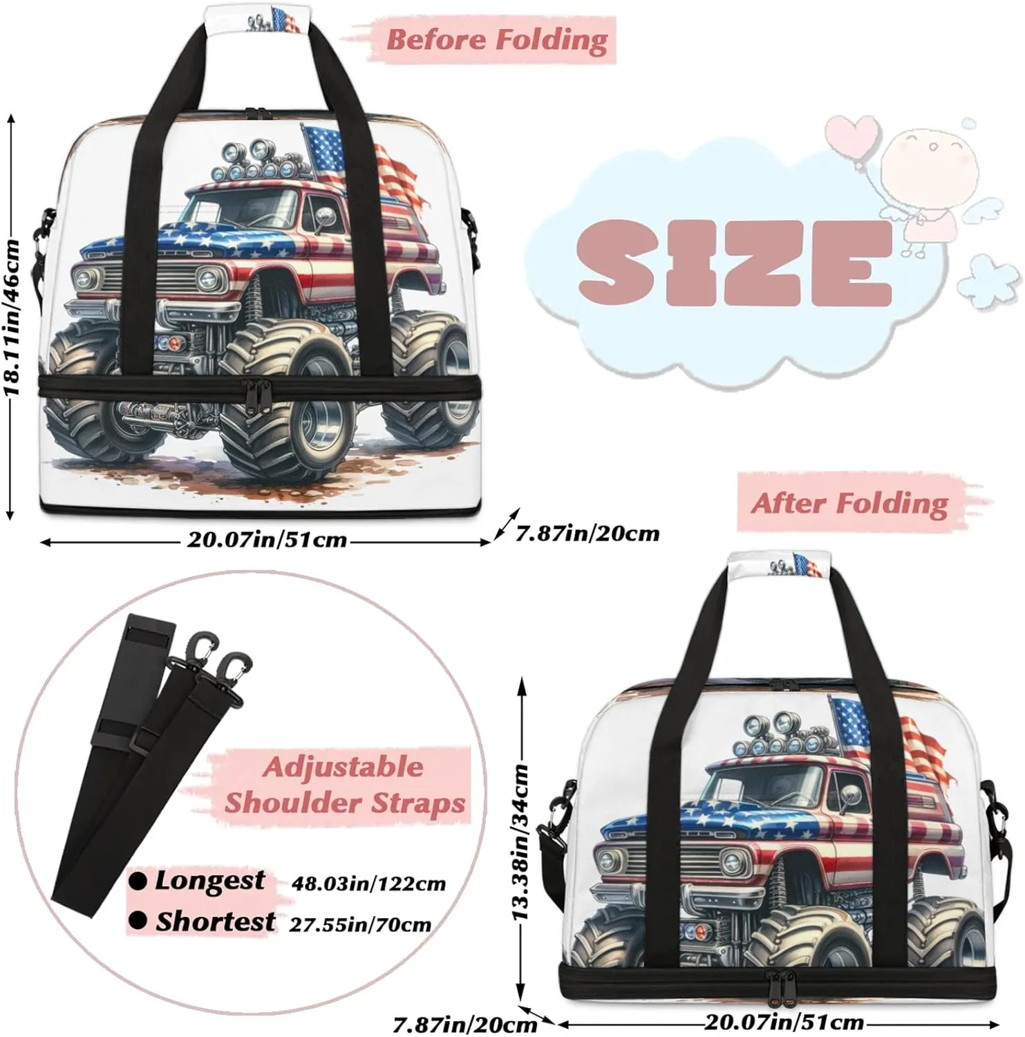 Large Travel Duffel Bag for Women Men American Flag Monster Truck Gym Bag Weekender Overnight Bags With Shoe Compartment Foldie Travel Tote Bag Carry On Personal Item Bag for Travel Gym Sports
