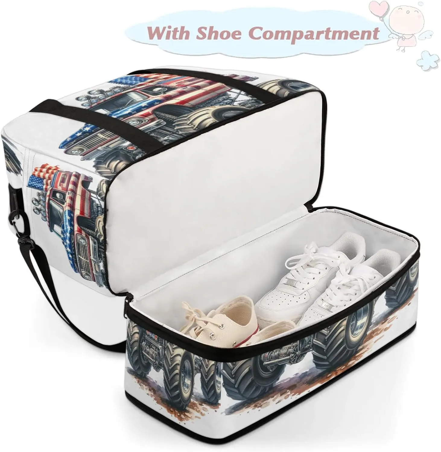 Large Travel Duffel Bag for Women Men American Flag Monster Truck Gym Bag Weekender Overnight Bags With Shoe Compartment Foldie Travel Tote Bag Carry On Personal Item Bag for Travel Gym Sports