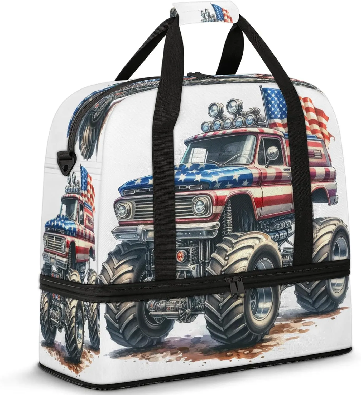 Large Travel Duffel Bag for Women Men American Flag Monster Truck Gym Bag Weekender Overnight Bags With Shoe Compartment Foldie Travel Tote Bag Carry On Personal Item Bag for Travel Gym Sports