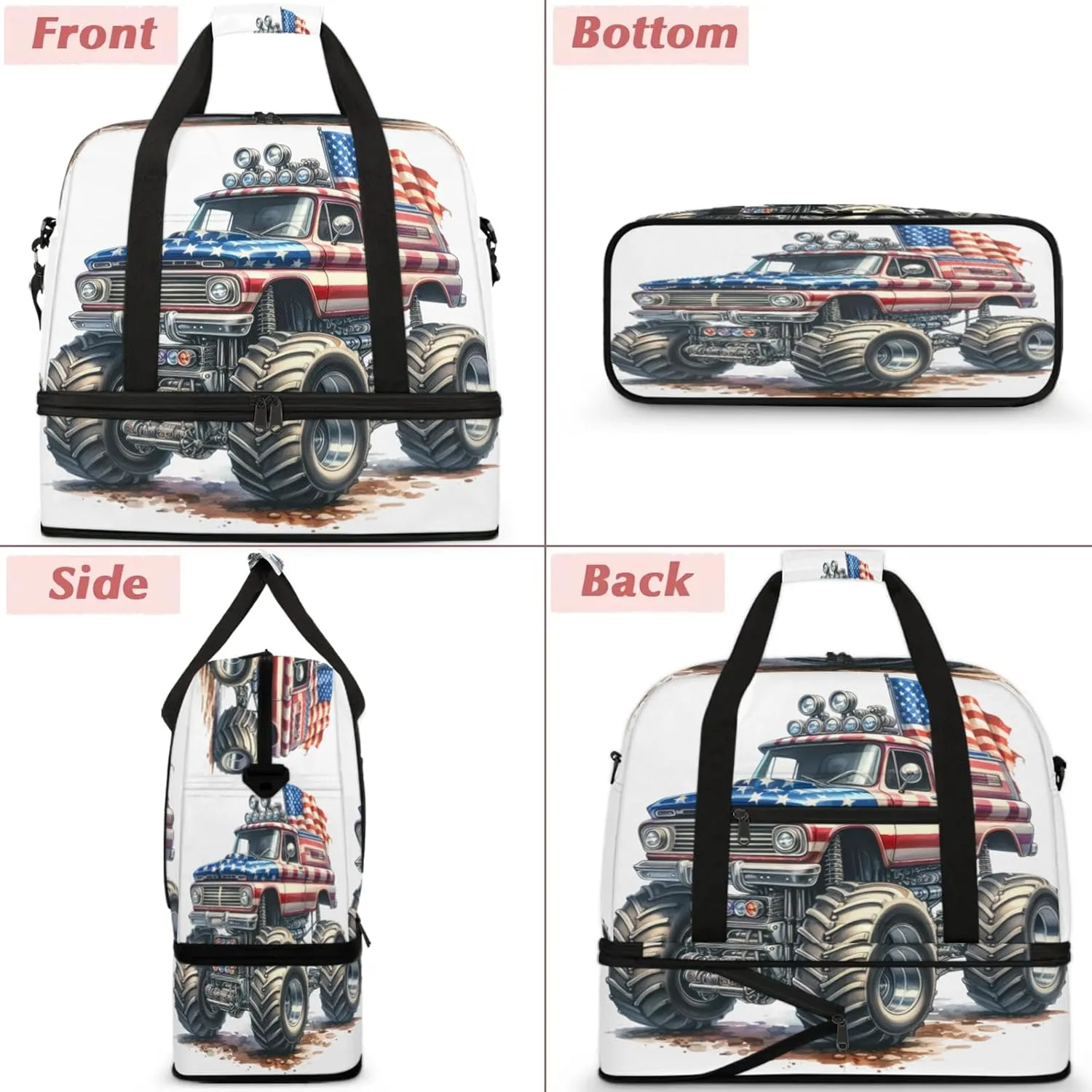 Large Travel Duffel Bag for Women Men American Flag Monster Truck Gym Bag Weekender Overnight Bags With Shoe Compartment Foldie Travel Tote Bag Carry On Personal Item Bag for Travel Gym Sports