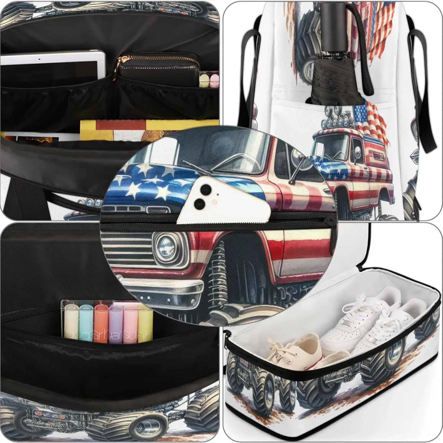 Large Travel Duffel Bag for Women Men American Flag Monster Truck Gym Bag Weekender Overnight Bags With Shoe Compartment Foldie Travel Tote Bag Carry On Personal Item Bag for Travel Gym Sports