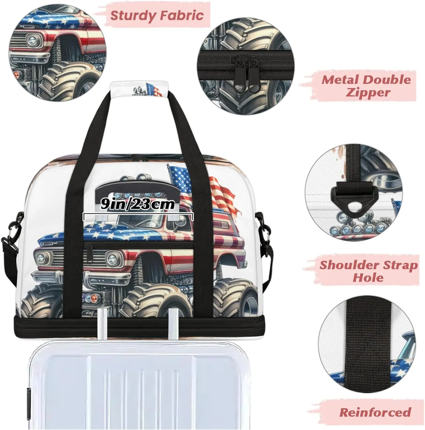 Large Travel Duffel Bag for Women Men American Flag Monster Truck Gym Bag Weekender Overnight Bags With Shoe Compartment Foldie Travel Tote Bag Carry On Personal Item Bag for Travel Gym Sports