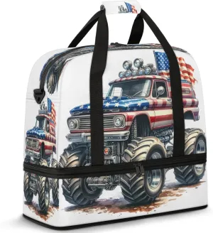 Large Travel Duffel Bag for Women Men American Flag Monster Truck Gym Bag Weekender Overnight Bags With Shoe Compartment Foldie Travel Tote Bag Carry On Personal Item Bag for Travel Gym Sports
