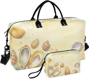 Large Travel Duffel Luggage Travel Weekender Gear Bag Sports Gym Tote Bag with Toiletry Bag for Yoga 2 Pcs Set Shells Sandy Beach Sea