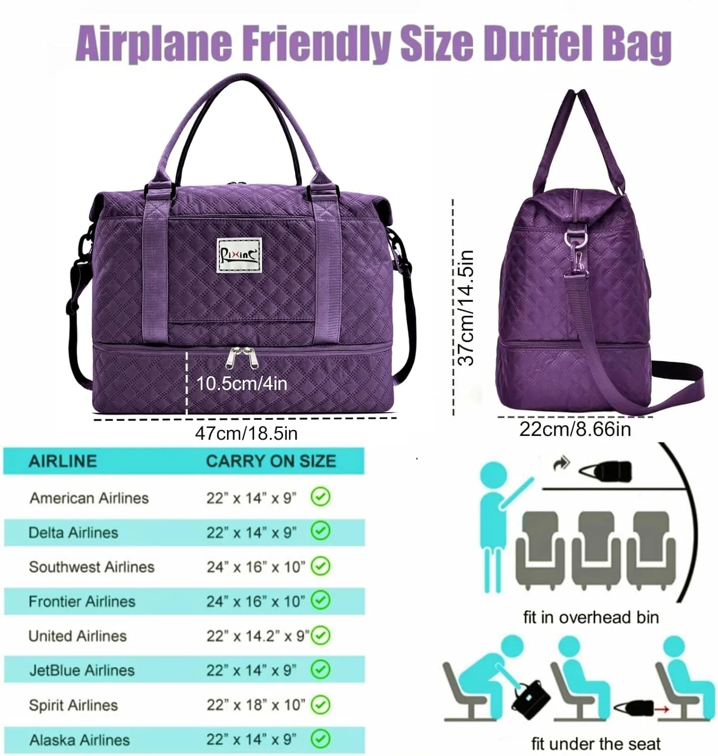 Large Travel Duffle Bag, Weekender Bags for Women with Shoe Compartment & Wet Pocket, Yoga Gym Carry On Overnight Travel Duffel Tote Bag for Airplane Business Trips (Grid-Dark Purple)