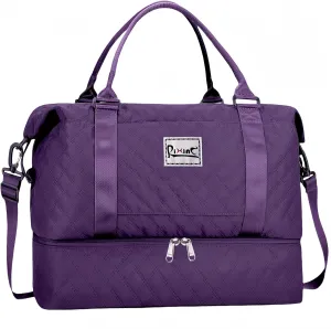 Large Travel Duffle Bag, Weekender Bags for Women with Shoe Compartment & Wet Pocket, Yoga Gym Carry On Overnight Travel Duffel Tote Bag for Airplane Business Trips (Grid-Dark Purple)