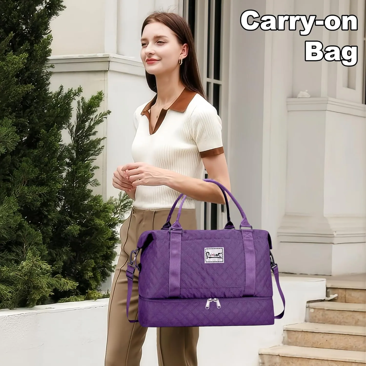 Large Travel Duffle Bag, Weekender Bags for Women with Shoe Compartment & Wet Pocket, Yoga Gym Carry On Overnight Travel Duffel Tote Bag for Airplane Business Trips (Grid-Dark Purple)