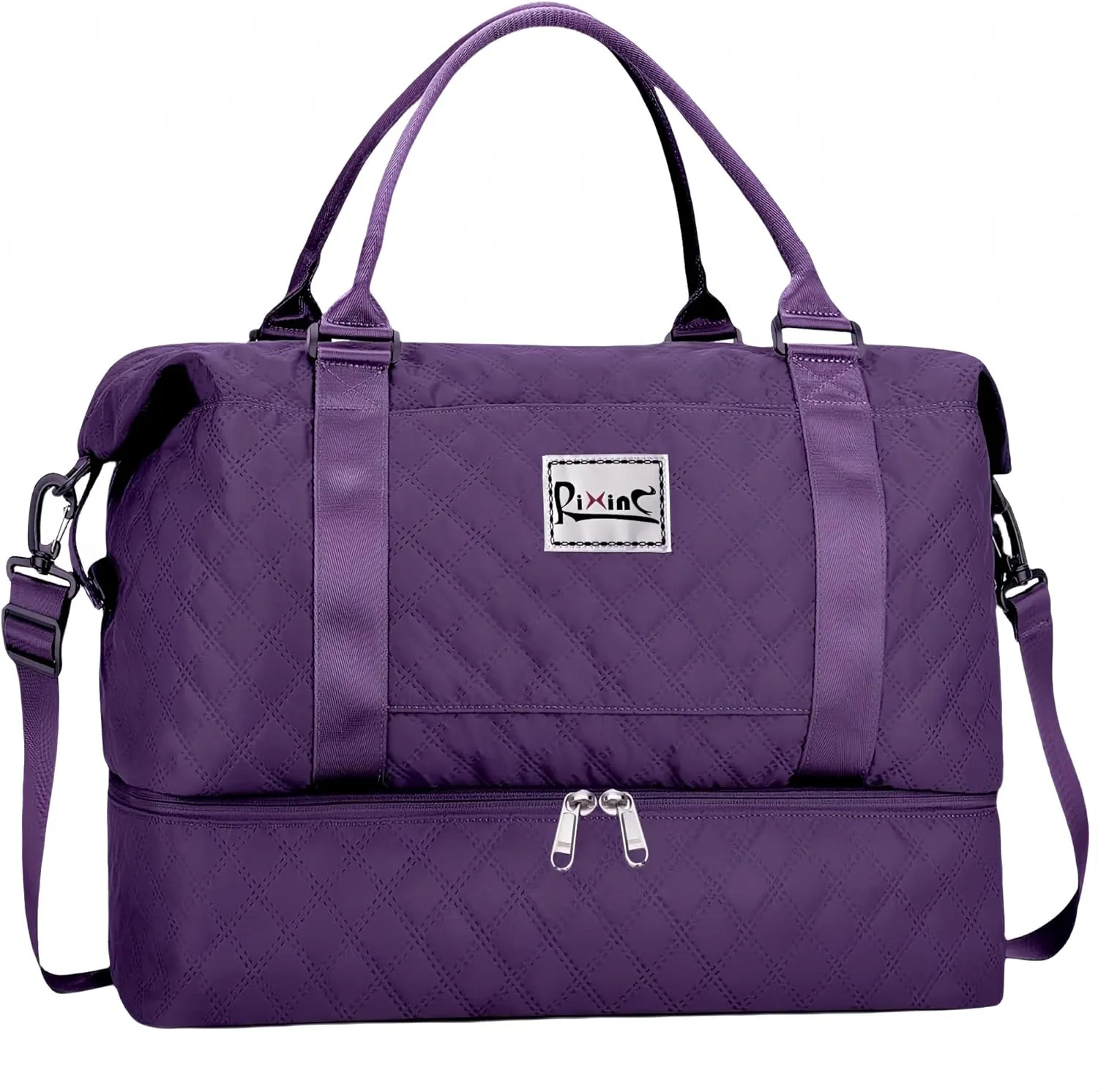 Large Travel Duffle Bag, Weekender Bags for Women with Shoe Compartment & Wet Pocket, Yoga Gym Carry On Overnight Travel Duffel Tote Bag for Airplane Business Trips (Grid-Dark Purple)
