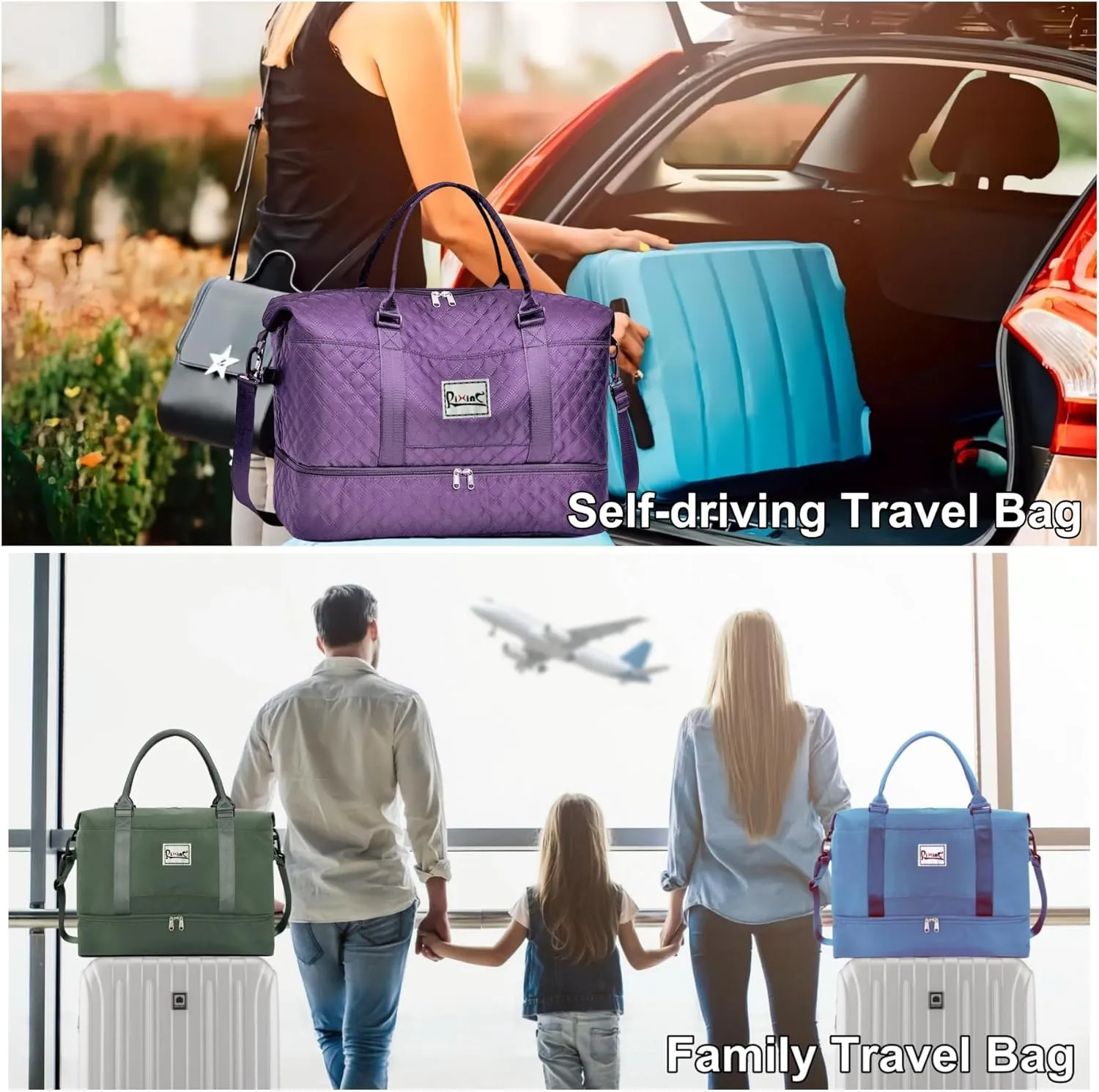 Large Travel Duffle Bag, Weekender Bags for Women with Shoe Compartment & Wet Pocket, Yoga Gym Carry On Overnight Travel Duffel Tote Bag for Airplane Business Trips (Grid-Dark Purple)