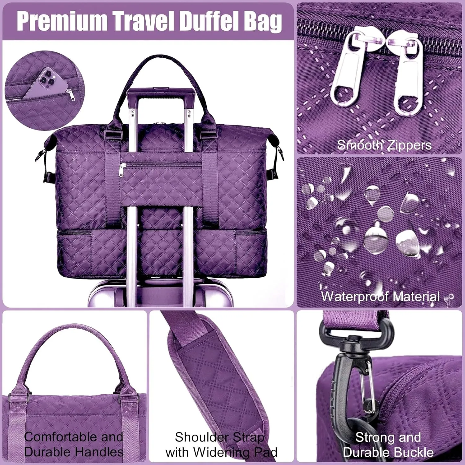 Large Travel Duffle Bag, Weekender Bags for Women with Shoe Compartment & Wet Pocket, Yoga Gym Carry On Overnight Travel Duffel Tote Bag for Airplane Business Trips (Grid-Dark Purple)