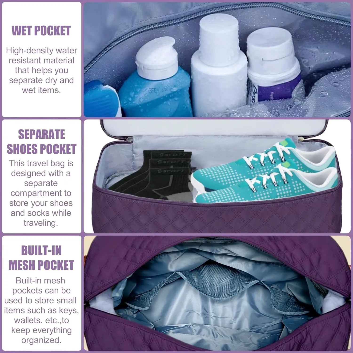 Large Travel Duffle Bag, Weekender Bags for Women with Shoe Compartment & Wet Pocket, Yoga Gym Carry On Overnight Travel Duffel Tote Bag for Airplane Business Trips (Grid-Dark Purple)