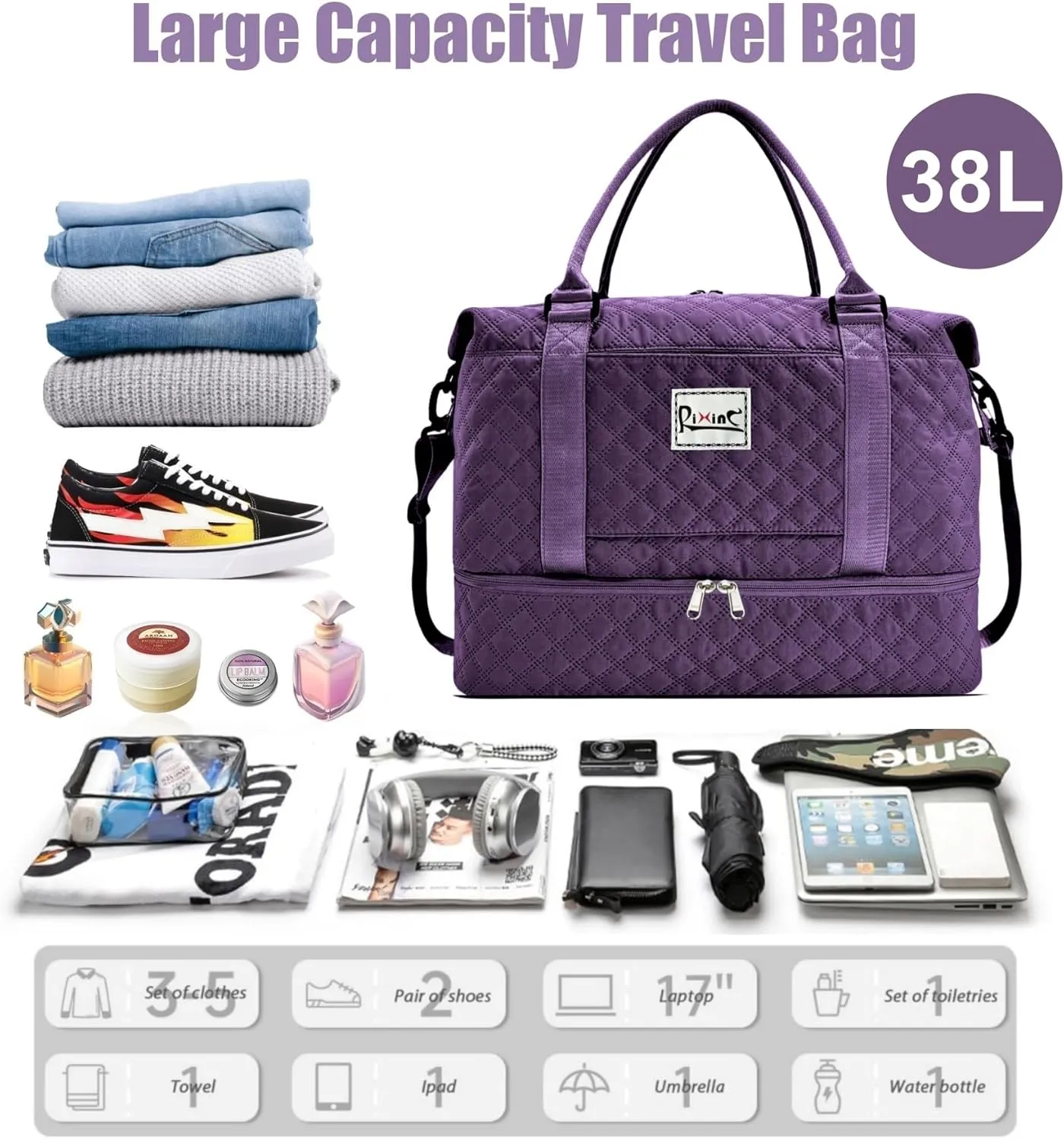 Large Travel Duffle Bag, Weekender Bags for Women with Shoe Compartment & Wet Pocket, Yoga Gym Carry On Overnight Travel Duffel Tote Bag for Airplane Business Trips (Grid-Dark Purple)