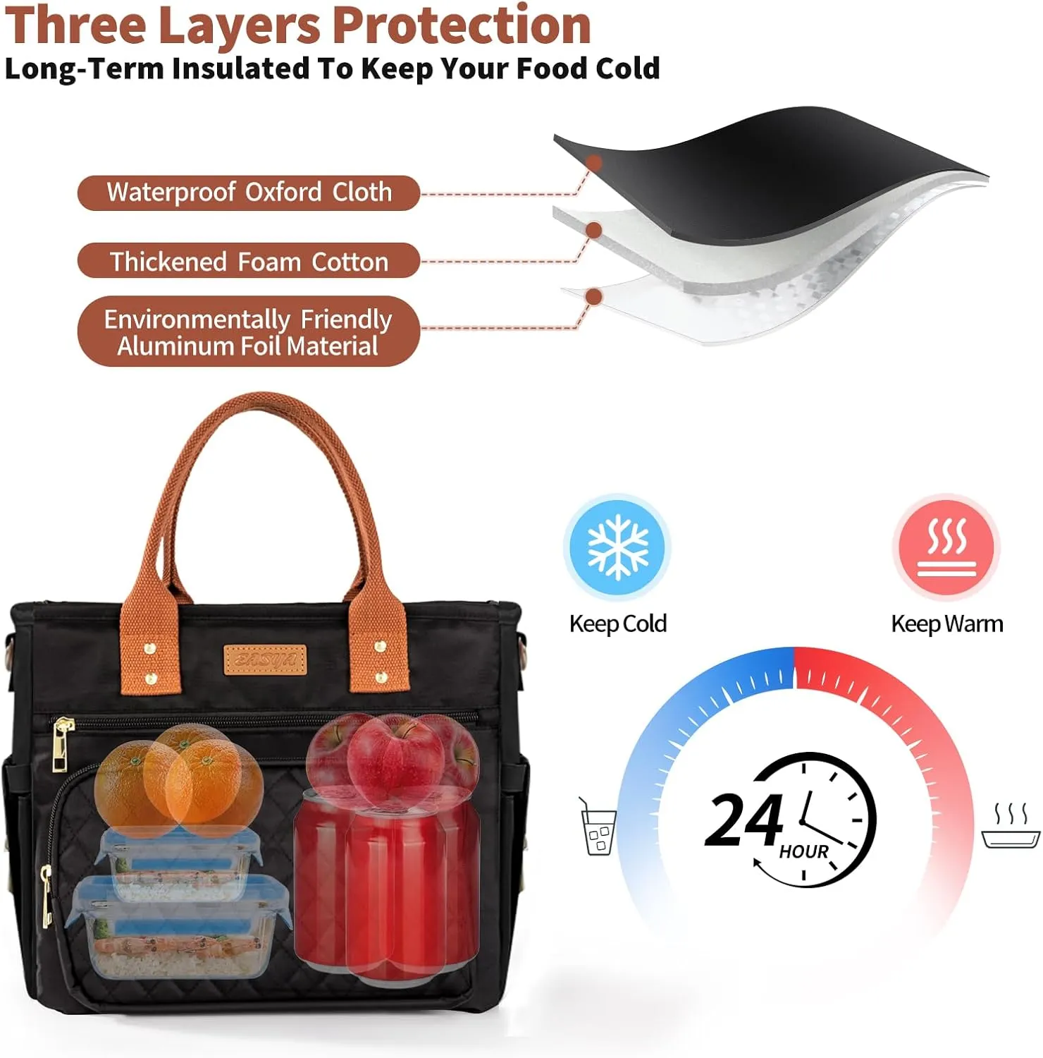 Large Women Lunch Bags for Work Insulated/Insulated Adult Lunch Box for Women/Durable Nylon Thermal cooler Bag/Leakproof Cooler Tote Bag with Storage Pocket (brown)