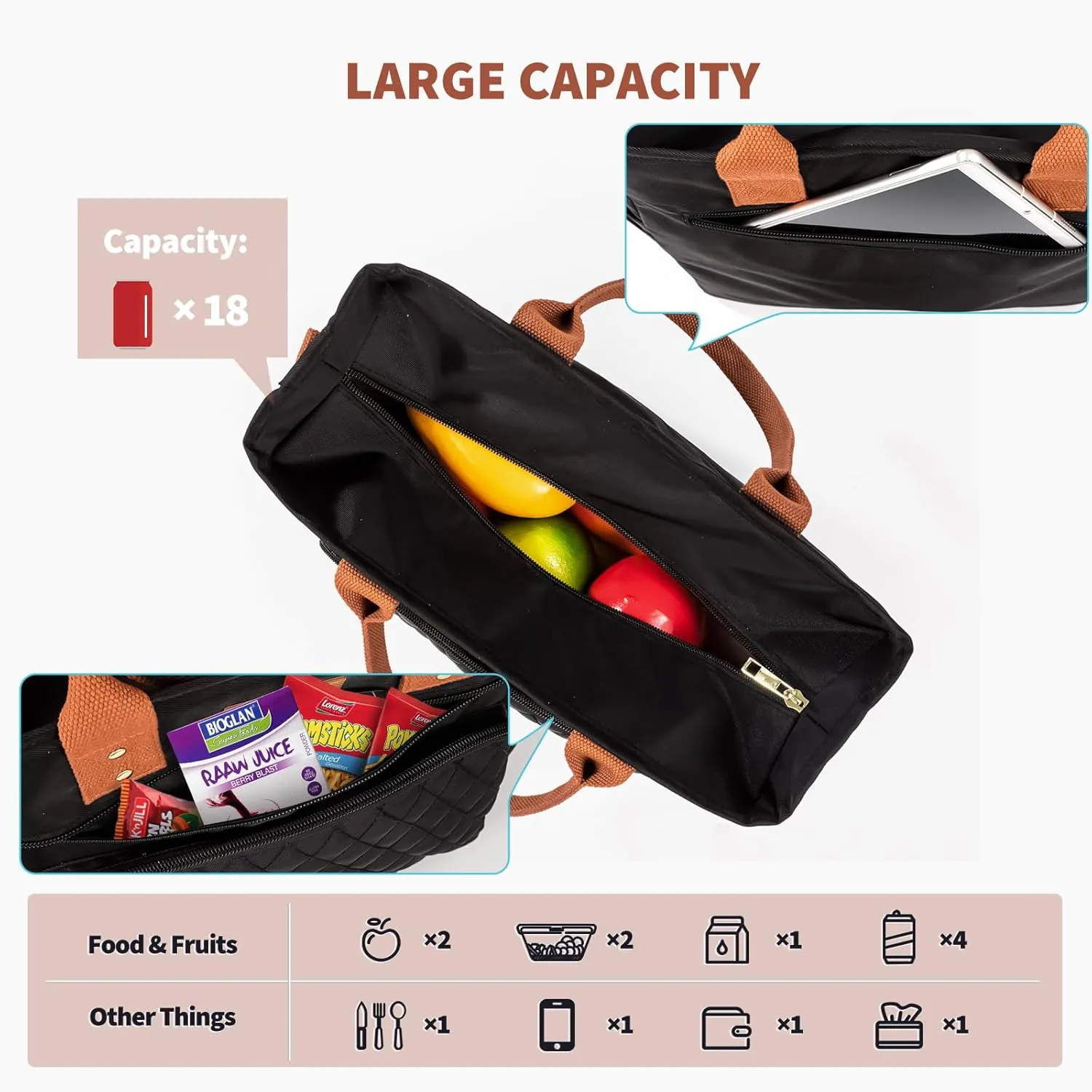 Large Women Lunch Bags for Work Insulated/Insulated Adult Lunch Box for Women/Durable Nylon Thermal cooler Bag/Leakproof Cooler Tote Bag with Storage Pocket (brown)