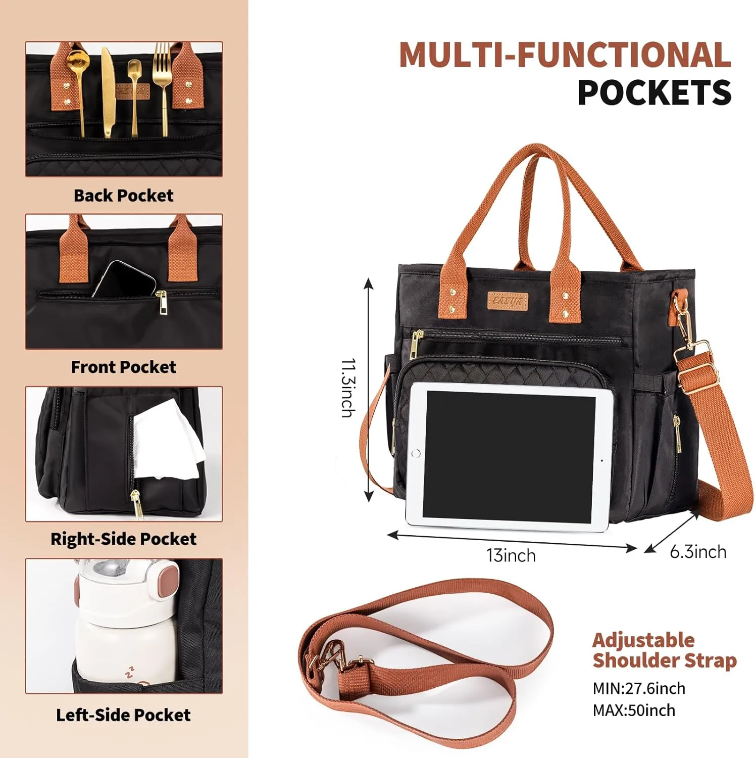 Large Women Lunch Bags for Work Insulated/Insulated Adult Lunch Box for Women/Durable Nylon Thermal cooler Bag/Leakproof Cooler Tote Bag with Storage Pocket (brown)