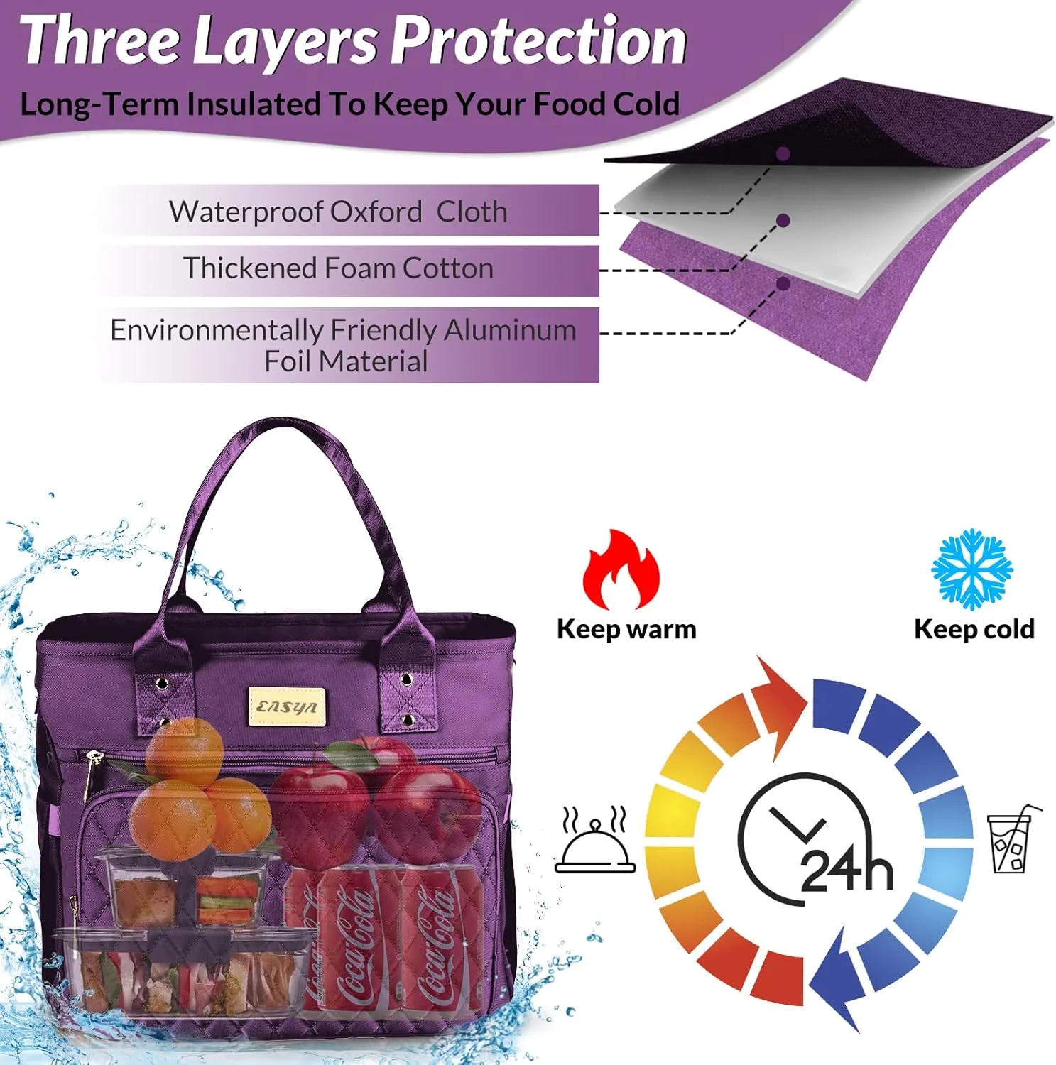 Large Women Lunch tote Bags for Work Insulated/Insulated Adult Lunch Box for Women/Nylon Thermal cooler Bag Leakproof Cooler Tote Bag with Storage Pocket (lumina purple)