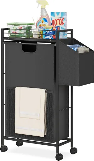 LASZOLA Slim Narrow Laundry Hamper Basket Skinny Thin Clothes Hamper for Small Space, Tall Slender with Wheels, Rolling Bathroom Storage with Handle and Tabletop Shelf, Perfect for Tight Compact Space