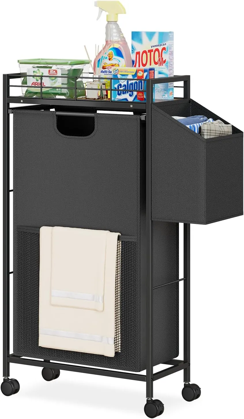 LASZOLA Slim Narrow Laundry Hamper Basket Skinny Thin Clothes Hamper for Small Space, Tall Slender with Wheels, Rolling Bathroom Storage with Handle and Tabletop Shelf, Perfect for Tight Compact Space