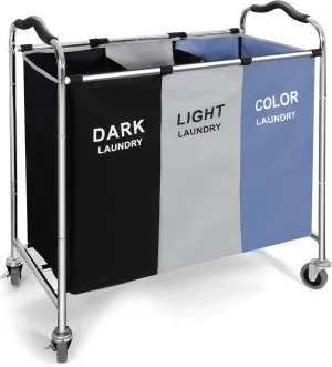 Laundry Basket, Large Laundry Hamper with Wheels, 3 Section Laundry Bag Organizer for Dirty Clothes; Dorm Room Essentials, Towel & Toys Storage Laundry Cart in Laundry Room Organization -BLUE