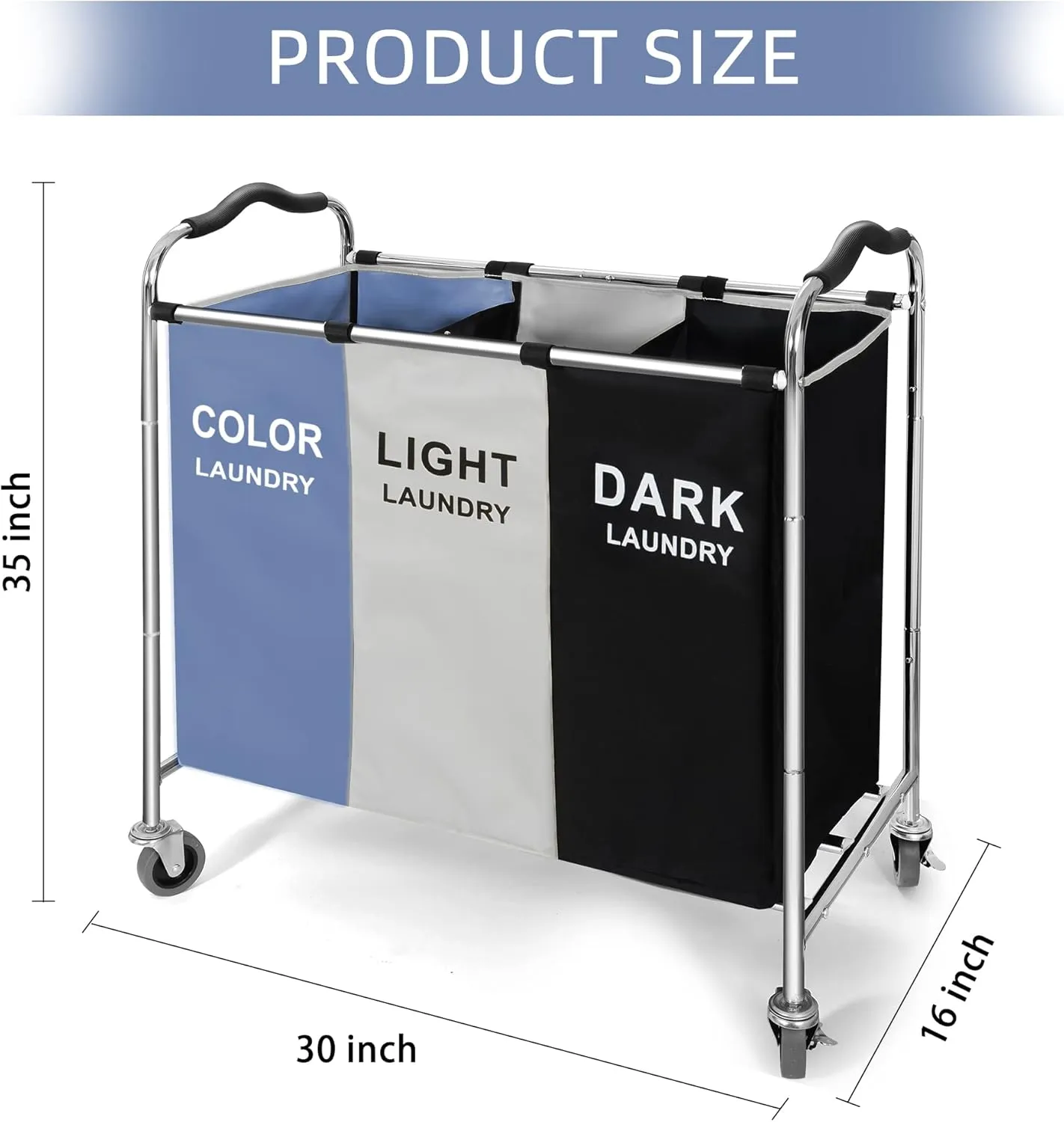 Laundry Basket, Large Laundry Hamper with Wheels, 3 Section Laundry Bag Organizer for Dirty Clothes; Dorm Room Essentials, Towel & Toys Storage Laundry Cart in Laundry Room Organization -BLUE