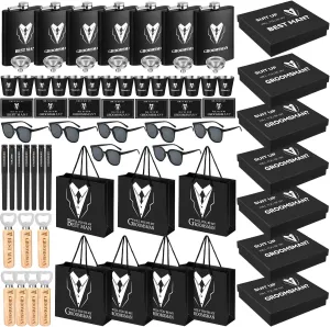 Layhit 70 Pcs Groomsmen Gifts Set of 7 - Stainless Steel Shot Glass, Flask, Funnel, Bottle Opener, Pen, Sunglasses, Card, Box, Bag - Groomsmen Proposal Box for Wedding Party Present