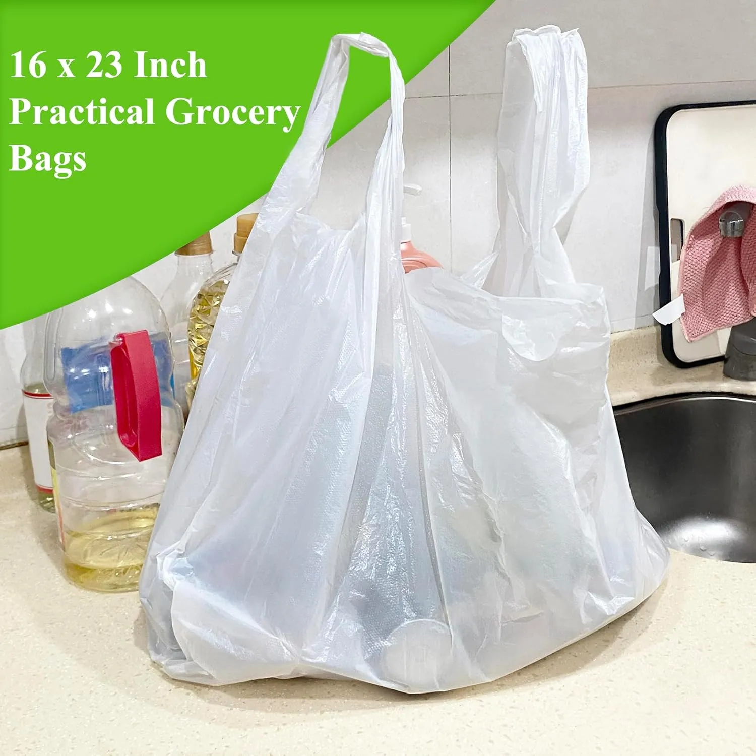 LazyMe T Shirt Bags, Plastic Bags with Handles for Grocery and Retail Shopping, Bolsas De Plastico Para Negocio, 16x23 Inch (White, 100pcs)