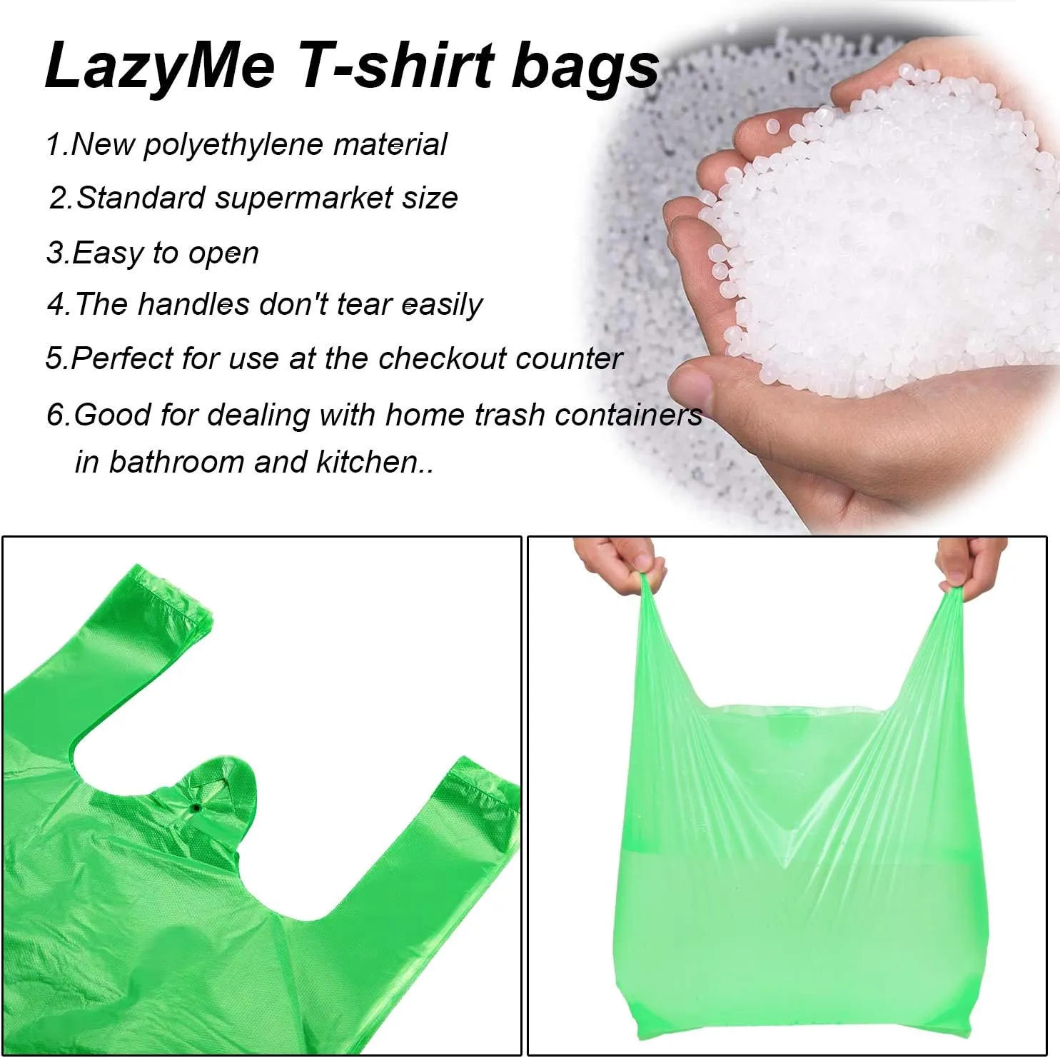 LazyMe T Shirt Bags, Plastic Bags with Handles for Grocery, Retail and St. Patrick's Day, Bolsas De Plastico Para Negocio, 12x20 Inch (Green, 100pcs)
