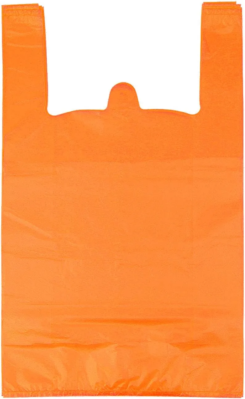 LazyMe T Shirt Bags Plastic Grocery Bags with Handles in Bulk for Shopping and Restaurant, 12 x 20 inch (Orange 100 Pcs)