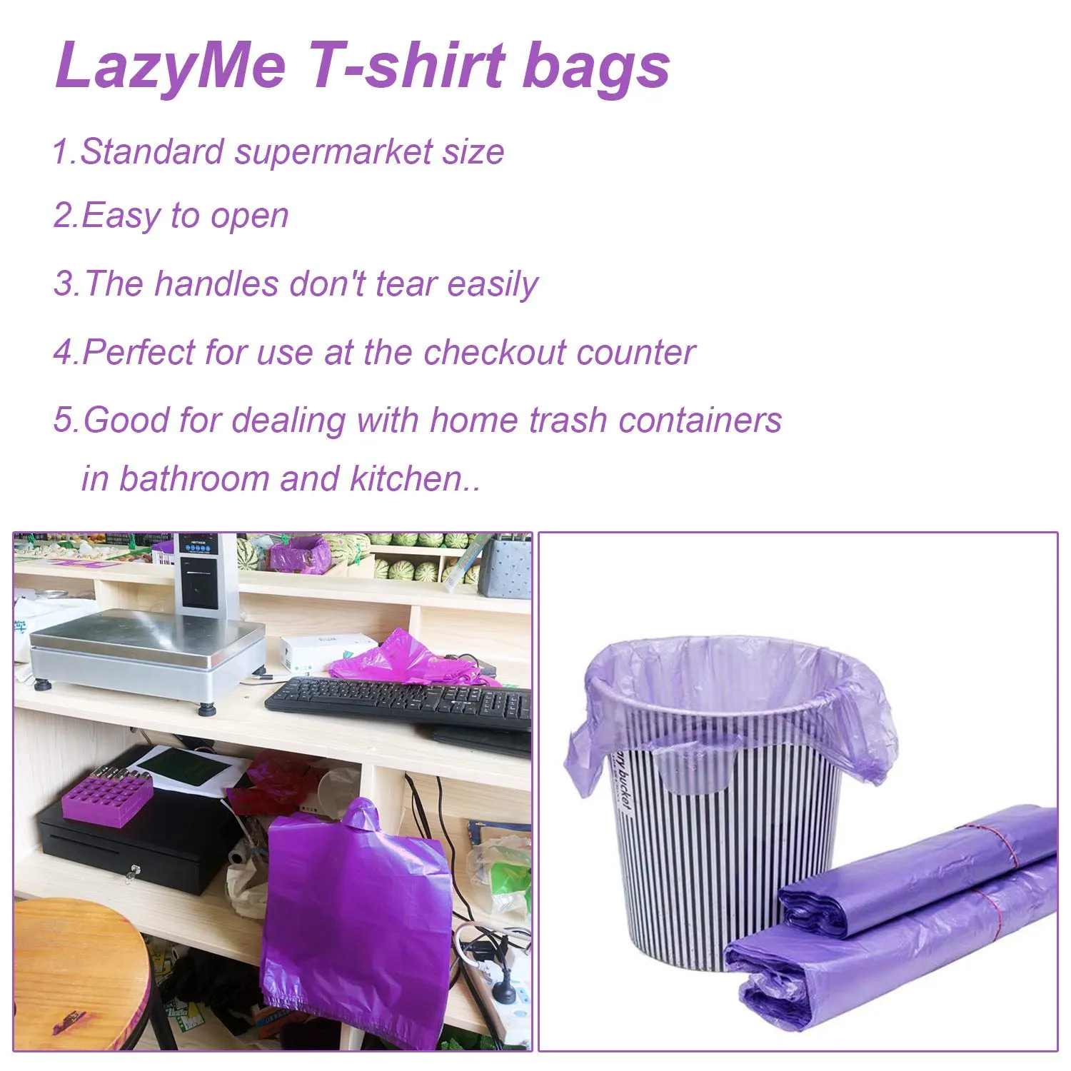 LazyMe T Shirt Bags Plastic Grocery Bags with Handles in Bulk for Shopping and Restaurant, Bolsas De Plastico Para Negocio, 12 x 20 Inch (Purple 200 Pcs)