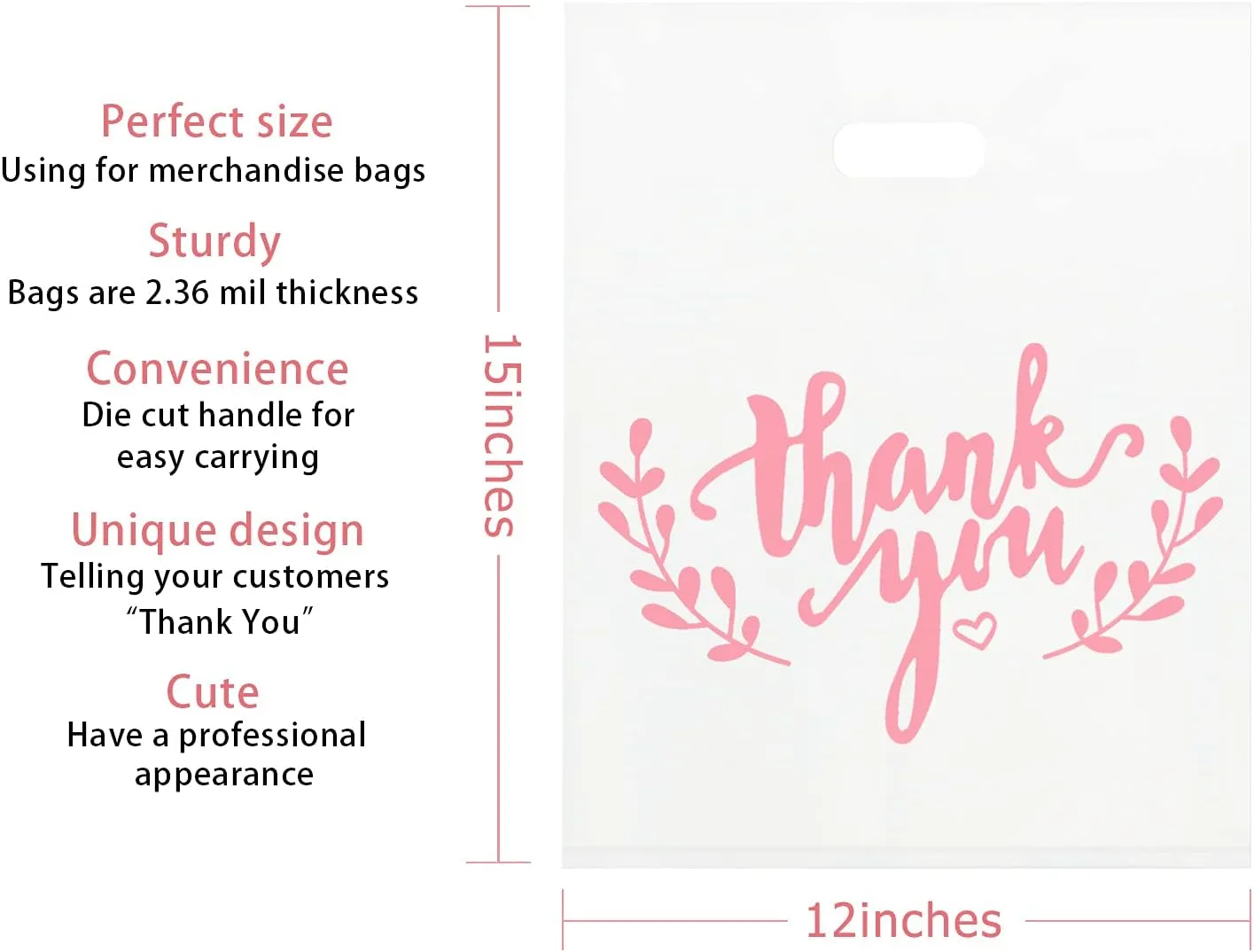 LazyMe Thank You Merchandise Bags, Plastic Bags with Die Cut Handles for Retail Shopping, Boutique and Goodies, 12x15 Inches (White with Pink Printing, 100pcs)