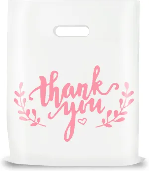 LazyMe Thank You Merchandise Bags, Plastic Bags with Die Cut Handles for Retail Shopping, Boutique and Goodies, 12x15 Inches (White with Pink Printing, 100pcs)