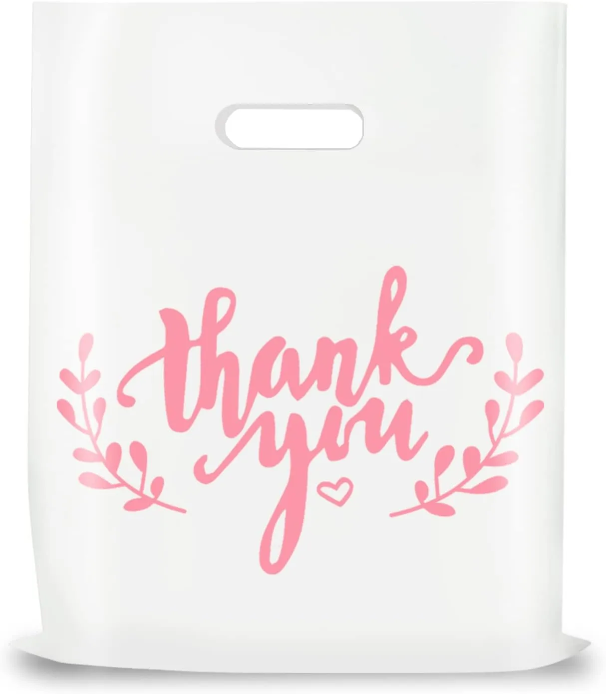 LazyMe Thank You Merchandise Bags, Plastic Bags with Die Cut Handles for Retail Shopping, Boutique and Goodies, 12x15 Inches (White with Pink Printing, 100pcs)