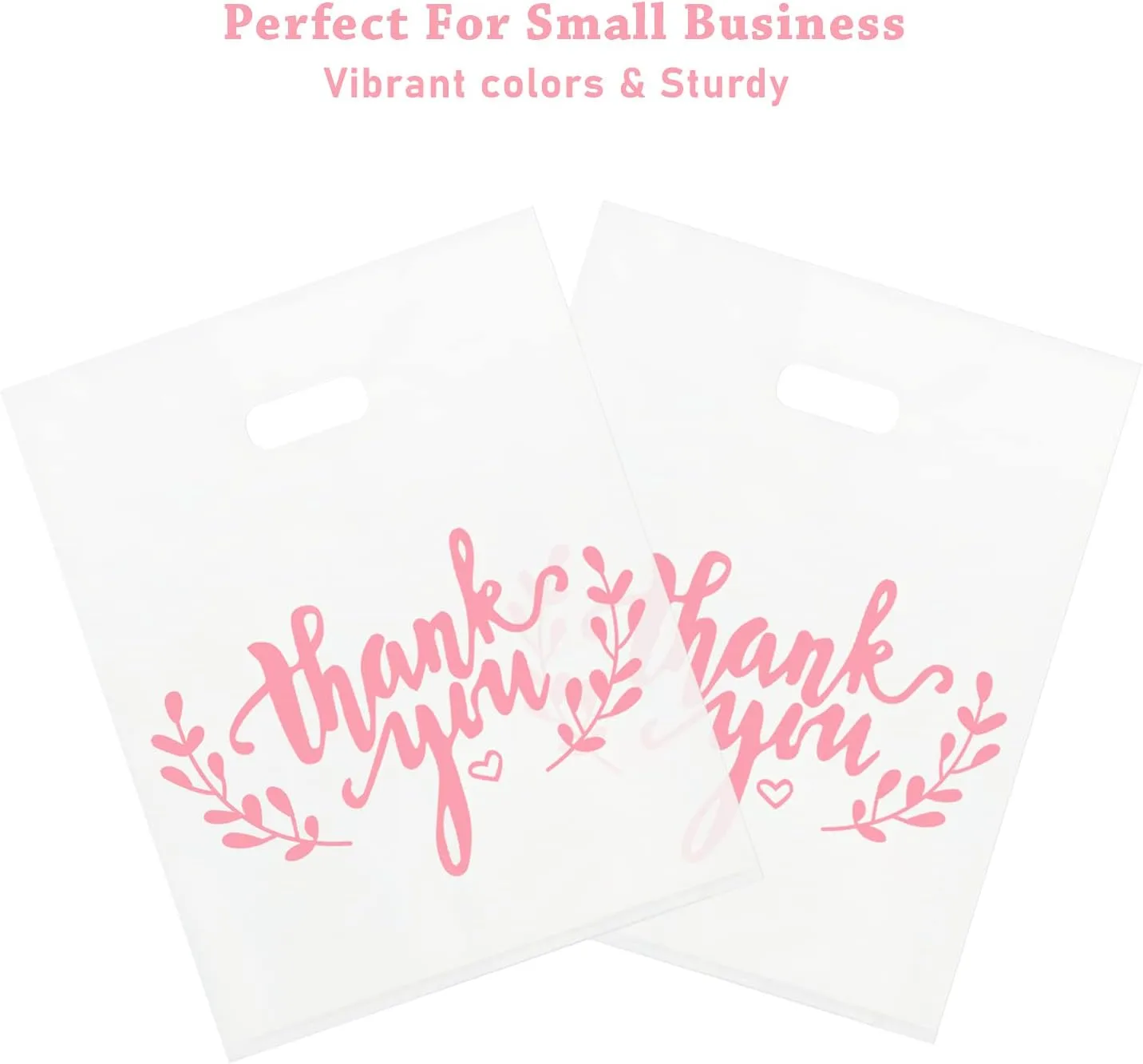 LazyMe Thank You Merchandise Bags, Plastic Bags with Die Cut Handles for Retail Shopping, Boutique and Goodies, 12x15 Inches (White with Pink Printing, 100pcs)