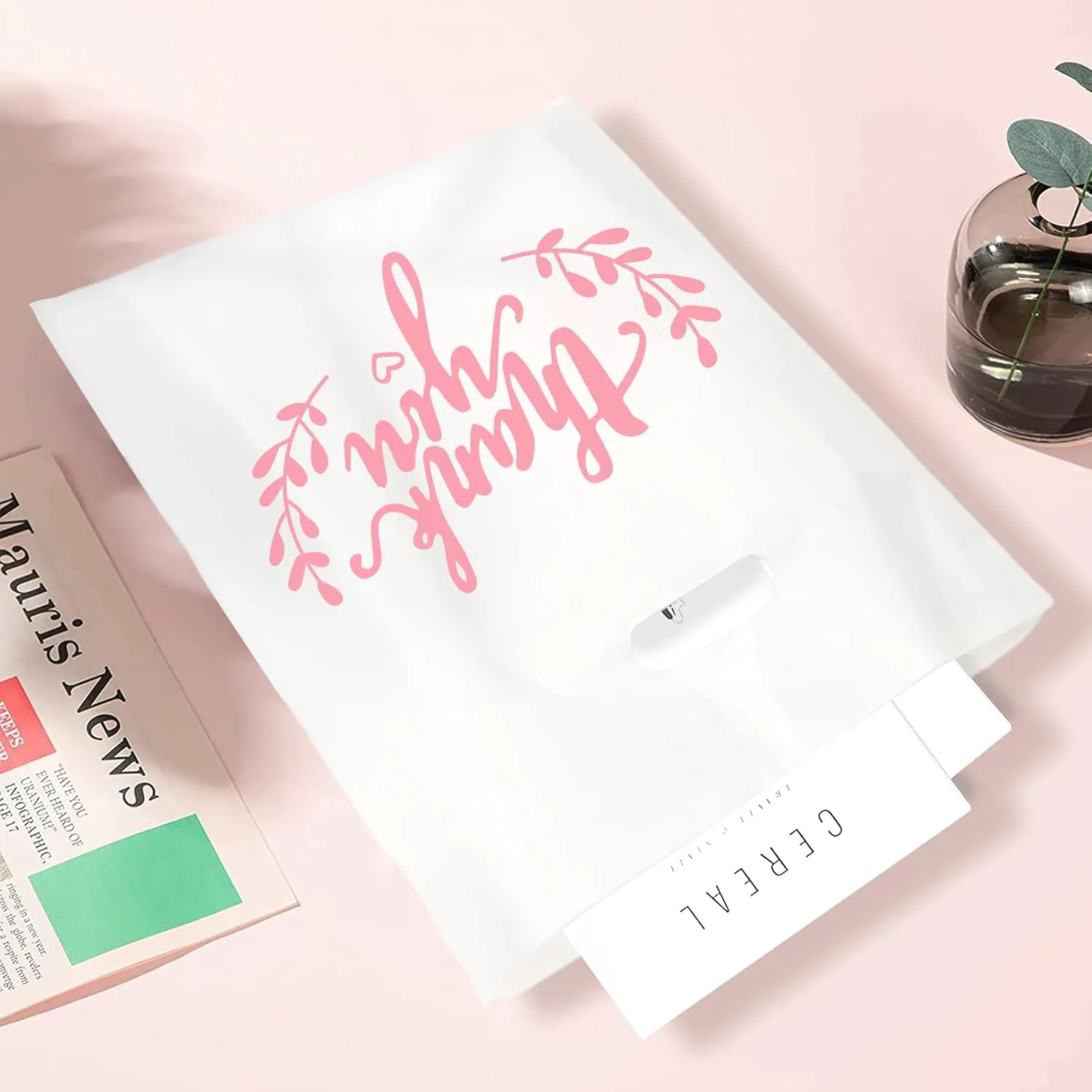 LazyMe Thank You Merchandise Bags, Plastic Bags with Die Cut Handles for Retail Shopping, Boutique and Goodies, 12x15 Inches (White with Pink Printing, 100pcs)