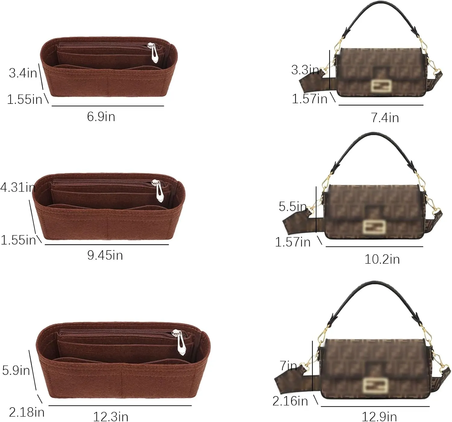 Lckaey Felt purse organizer for FENDI baguette bag insert for fendi Handbag baguette Organizers Y090coffee-M