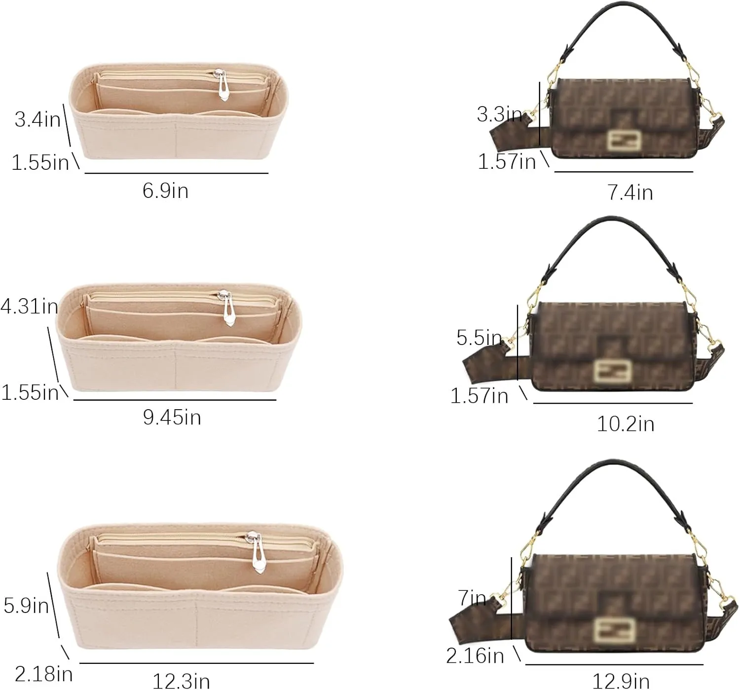 Lckaey Felt purse organizer for FENDI baguette bag insert for fendi Handbag baguette Organizers Y090Khaki-M