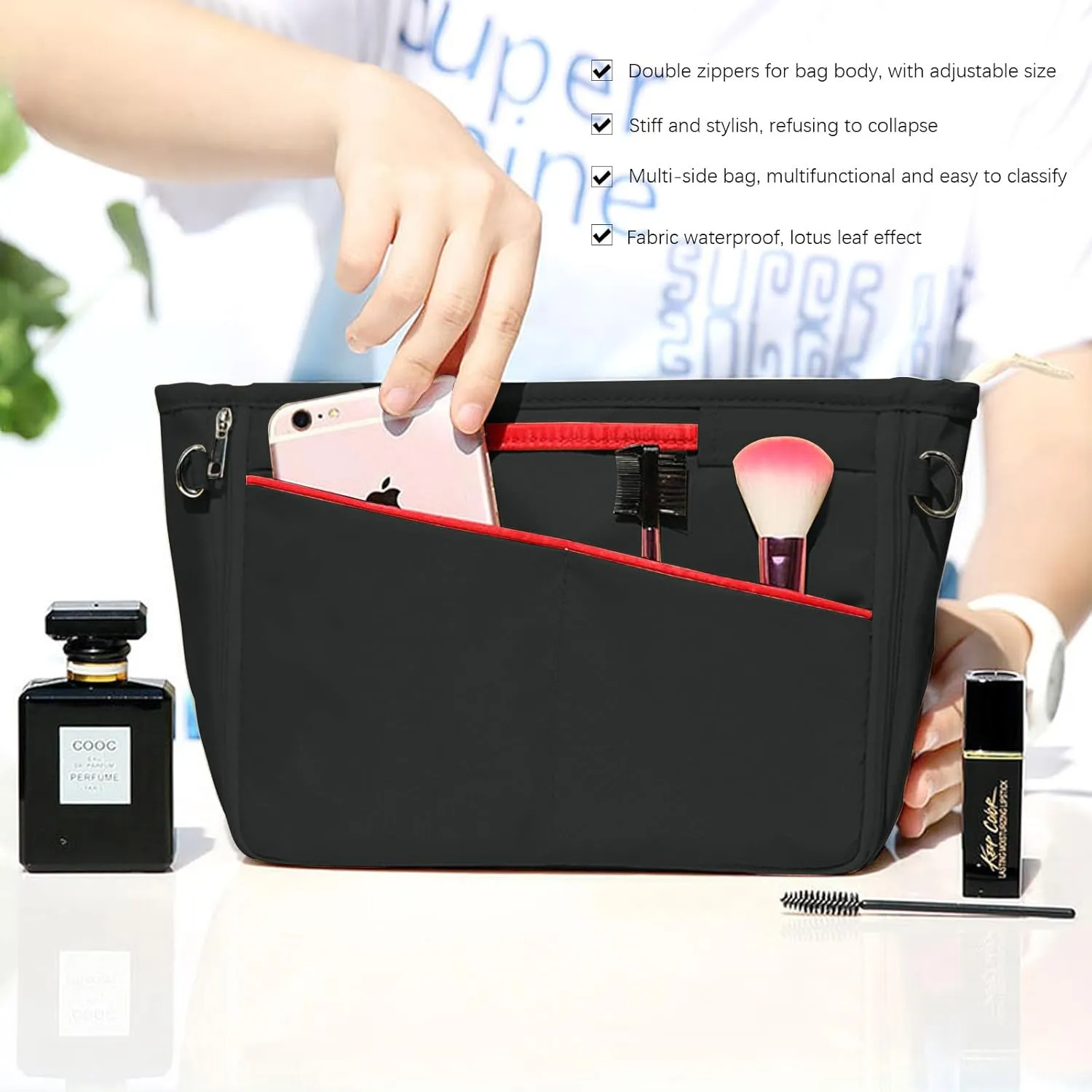Lckaey Nylon Purse Organizer for neverfull Tote Handbag insert Organizers for longchamp and goyard tote insert 3096Black-L