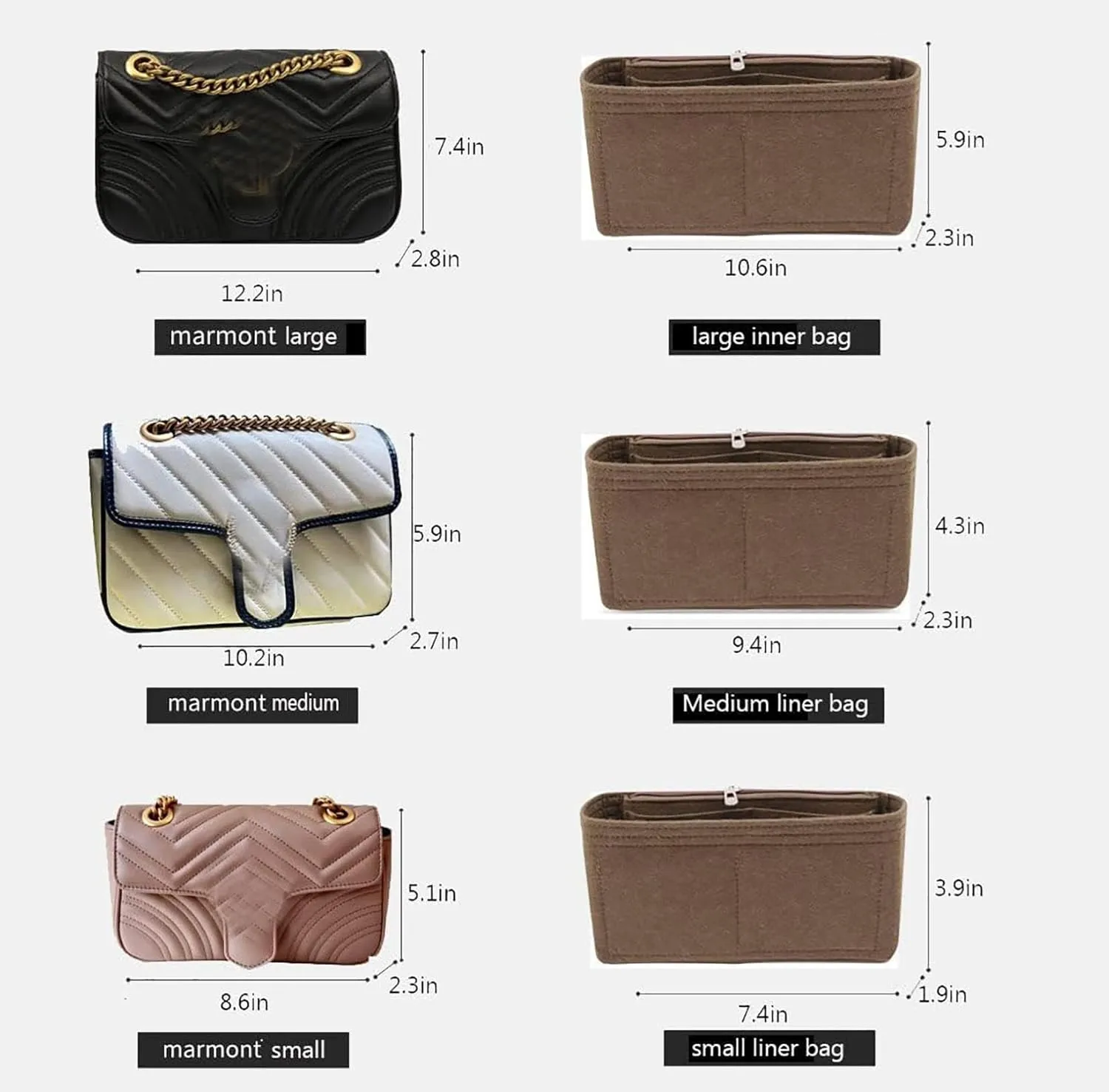 Lckaey Organizer insert pocket for marmont matelassé shoulder bag-single pack with zipper 2000Acoffee-M