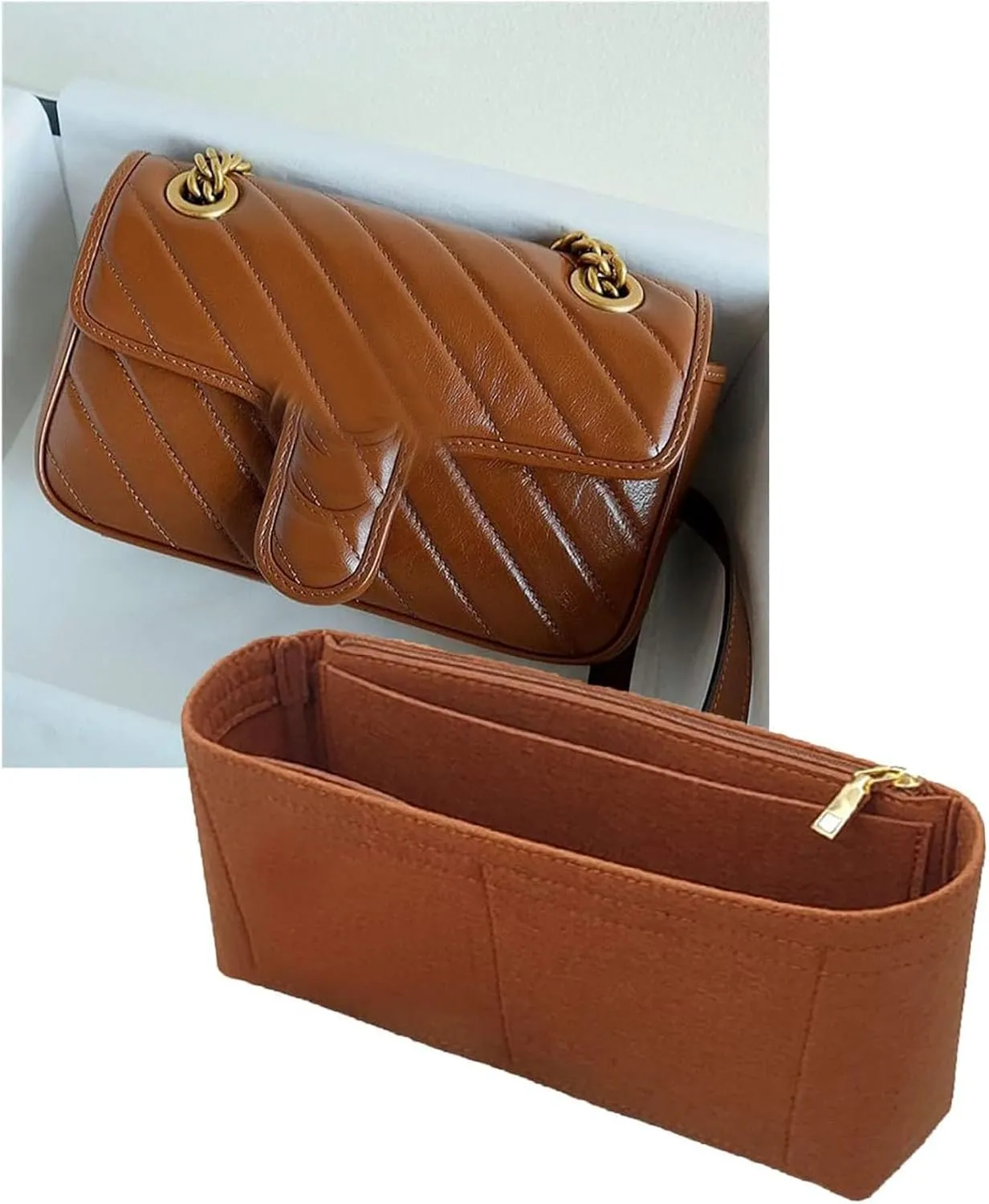 Lckaey Organizer inserts pocket for marmont matelassé mini bag shoulder bag-single pack with zipper 2000Abrown-S